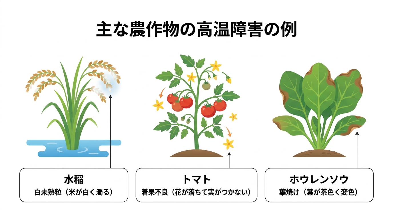 主な農作物の高温障害の例を示す図解。水稲の白未熟粒、トマトの着果不良、ホウレンソウの葉焼けがイラスト付きで解説されている。