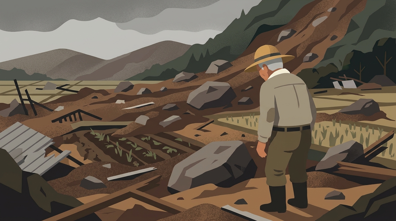 自然災害で土砂に埋もれてしまった農地と、それを見て途方に暮れる農家の男性のイラスト
