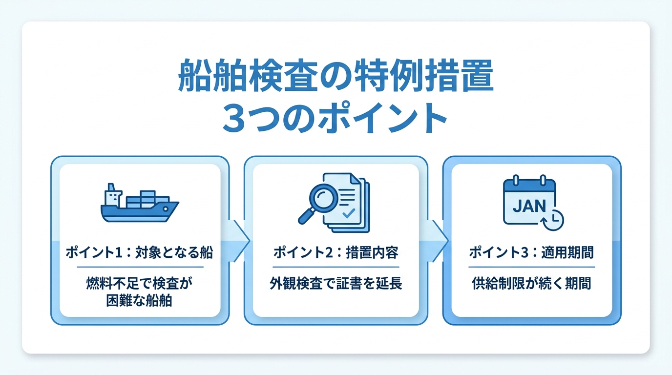 燃料油供給制限時の船舶検査特例措置の3つのポイントを解説する図解。対象船舶、措置内容、適用期間がアイコンと共に示されている。