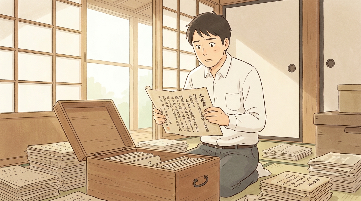 相続した土地の古い書類を整理し、農地転用許可証が見つからずに困っている人のイラスト。