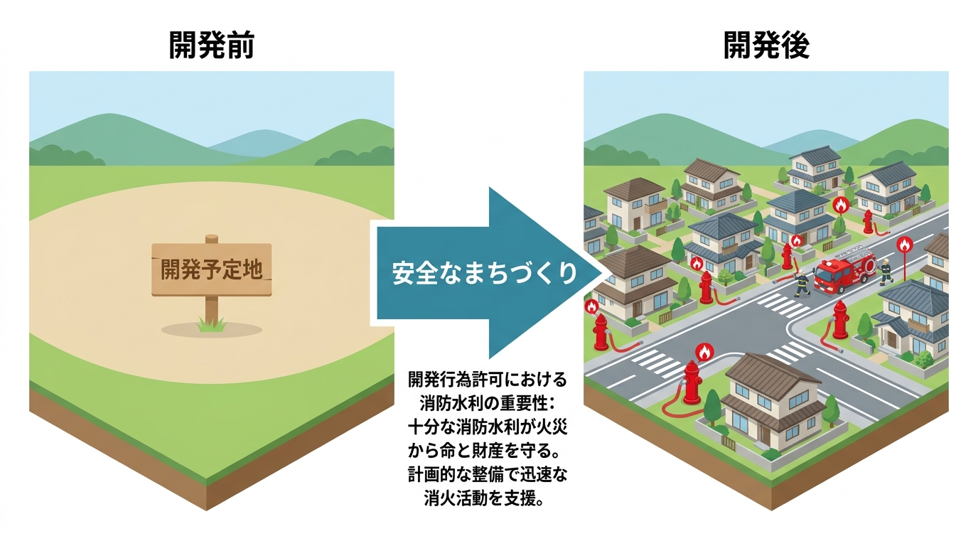 開発行為許可における消防水利の役割を示した図。開発前の空き地が、開発後には住宅街と消火栓が整備された安全な街になる様子を表している。