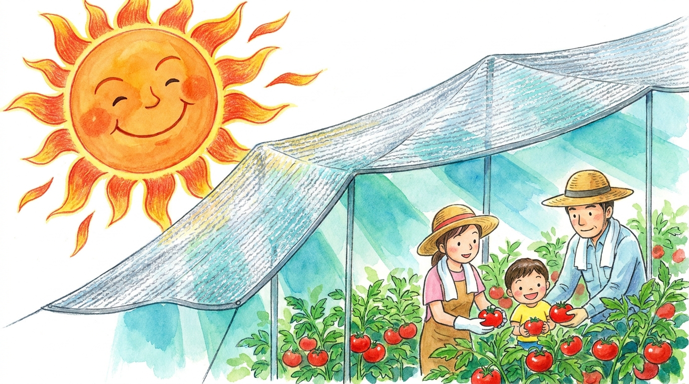 夏の畑で遮光ネットが高温から作物を守っているイラスト。日差しを和らげ、作物の生育を助けている様子。