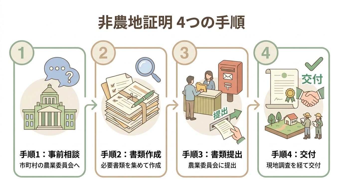 非農地証明を願い出るための4つの手順を示した図解。事前相談、書類作成、書類提出、交付のステップがアイコンと共に描かれている。