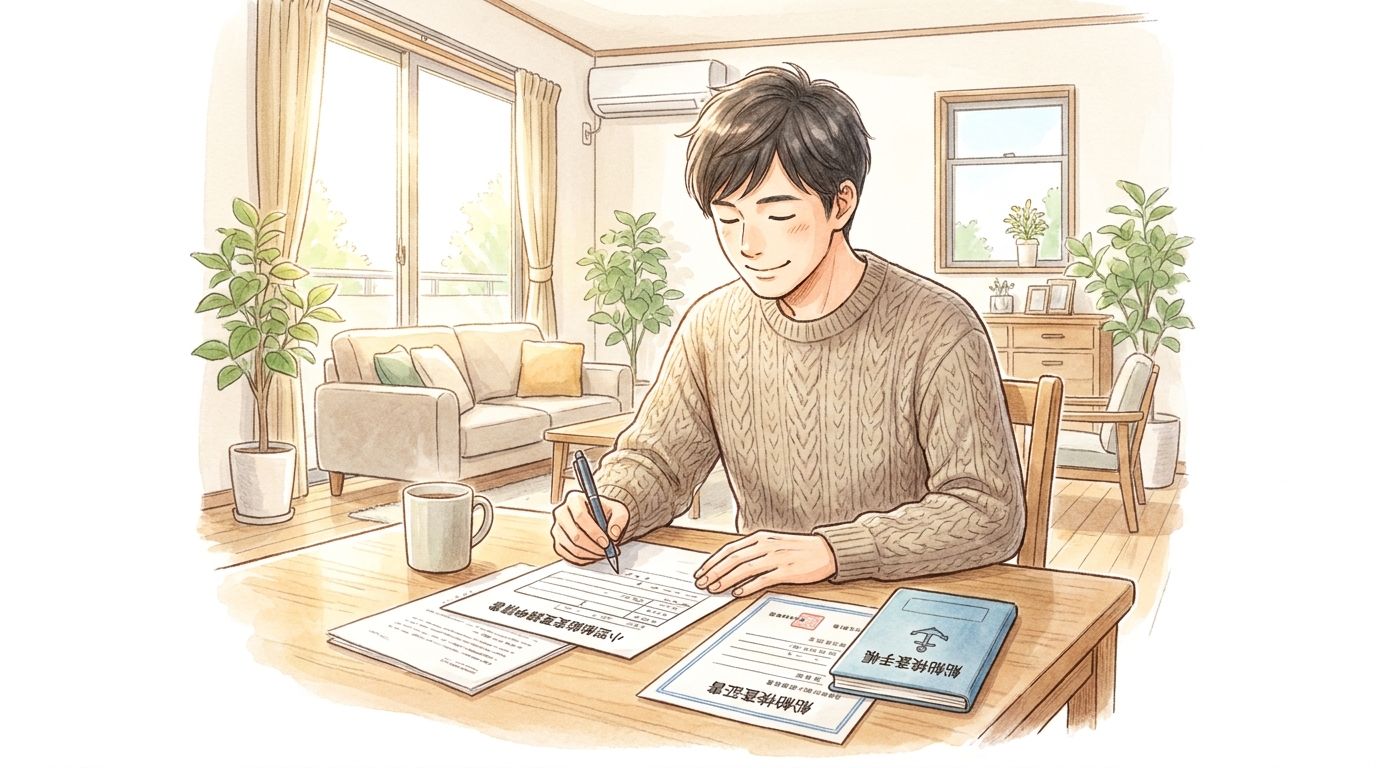 自宅で小型船舶の変更登録の書類を作成している男性。テーブルには船舶検査証書と手帳が置かれている。
