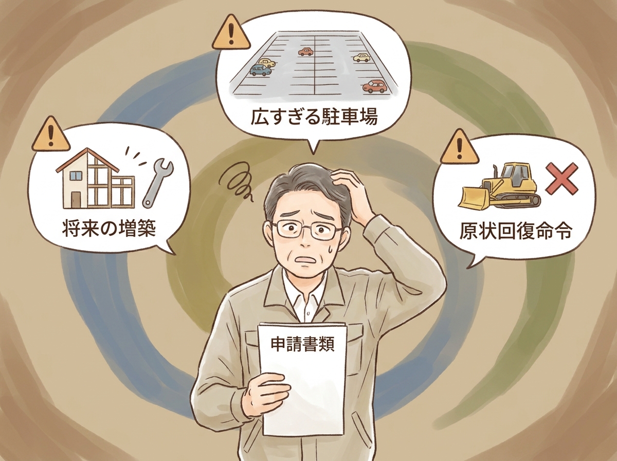 農地転用の追認申請における注意点を前に悩む男性のイラスト。将来の増築計画や広すぎる駐車場設定が不許可リスクにつながることを示唆している。