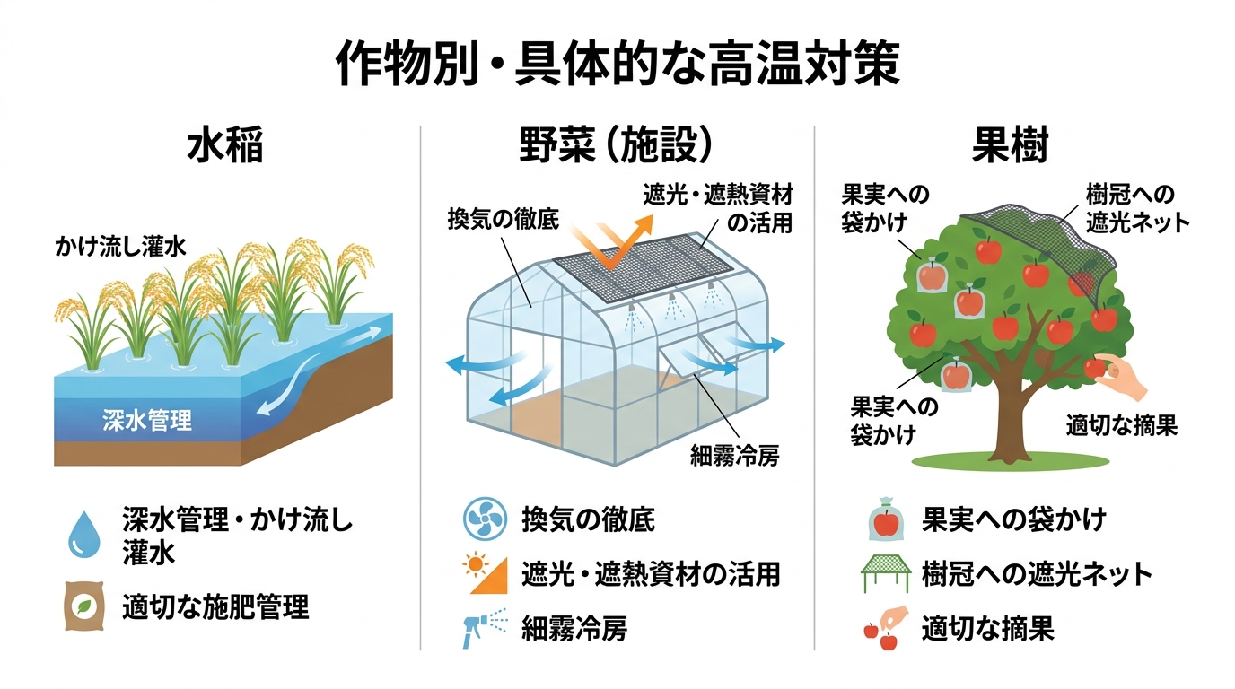 水稲、野菜、果樹それぞれの具体的な高温対策をまとめた図解。水管理、施設管理、日焼け防止策などがイラスト付きで示されている。