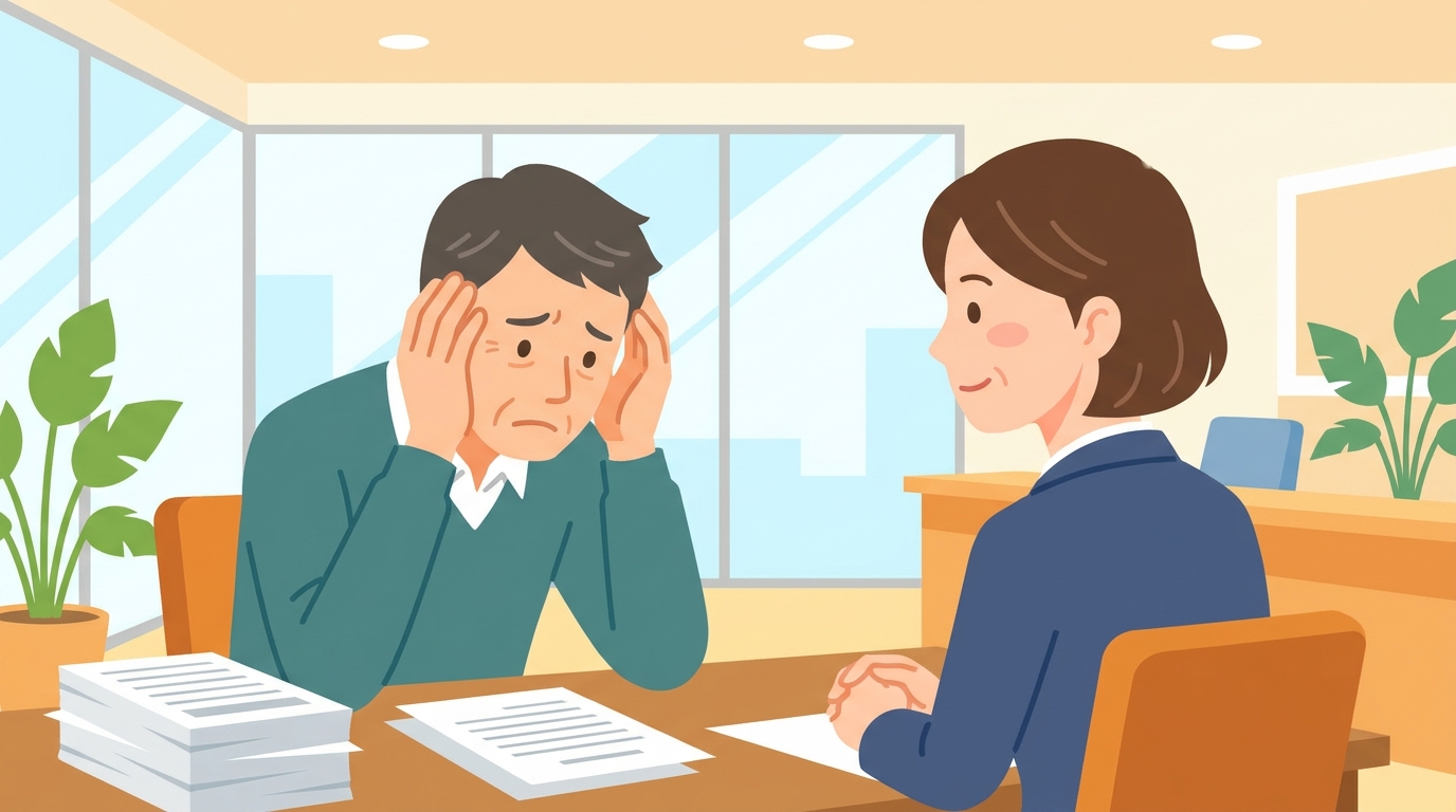 非農地証明の申請が認められず悩んでいる男性が、専門家に相談して解決の糸口を見つけている様子のイラスト