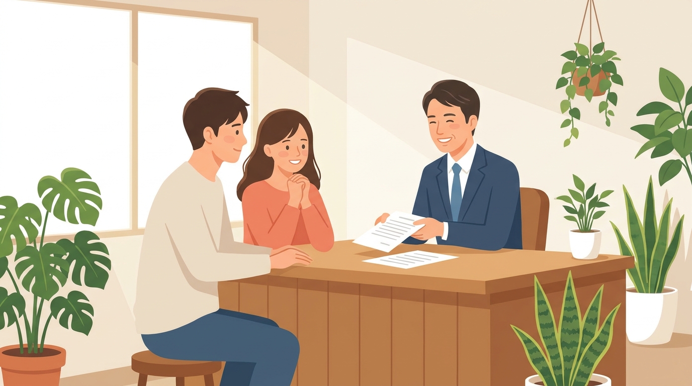 行政書士に農地転用許可証明願の手続きについて相談し、安心している夫婦のイラスト。