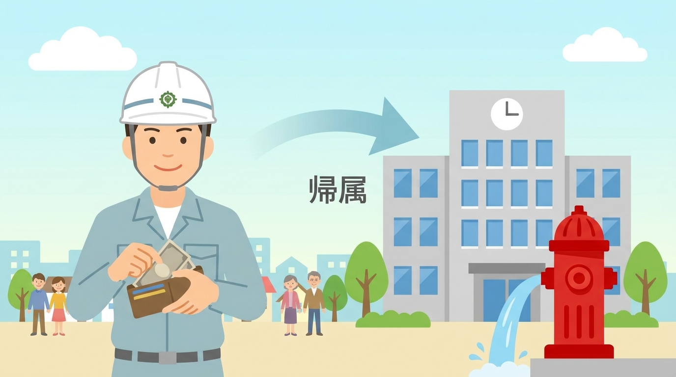 消防水利の費用負担と帰属の仕組みを表すイラスト。開発事業者が費用を負担し、完成した消防水利は市町村のもの(帰属)となる関係性を示している。