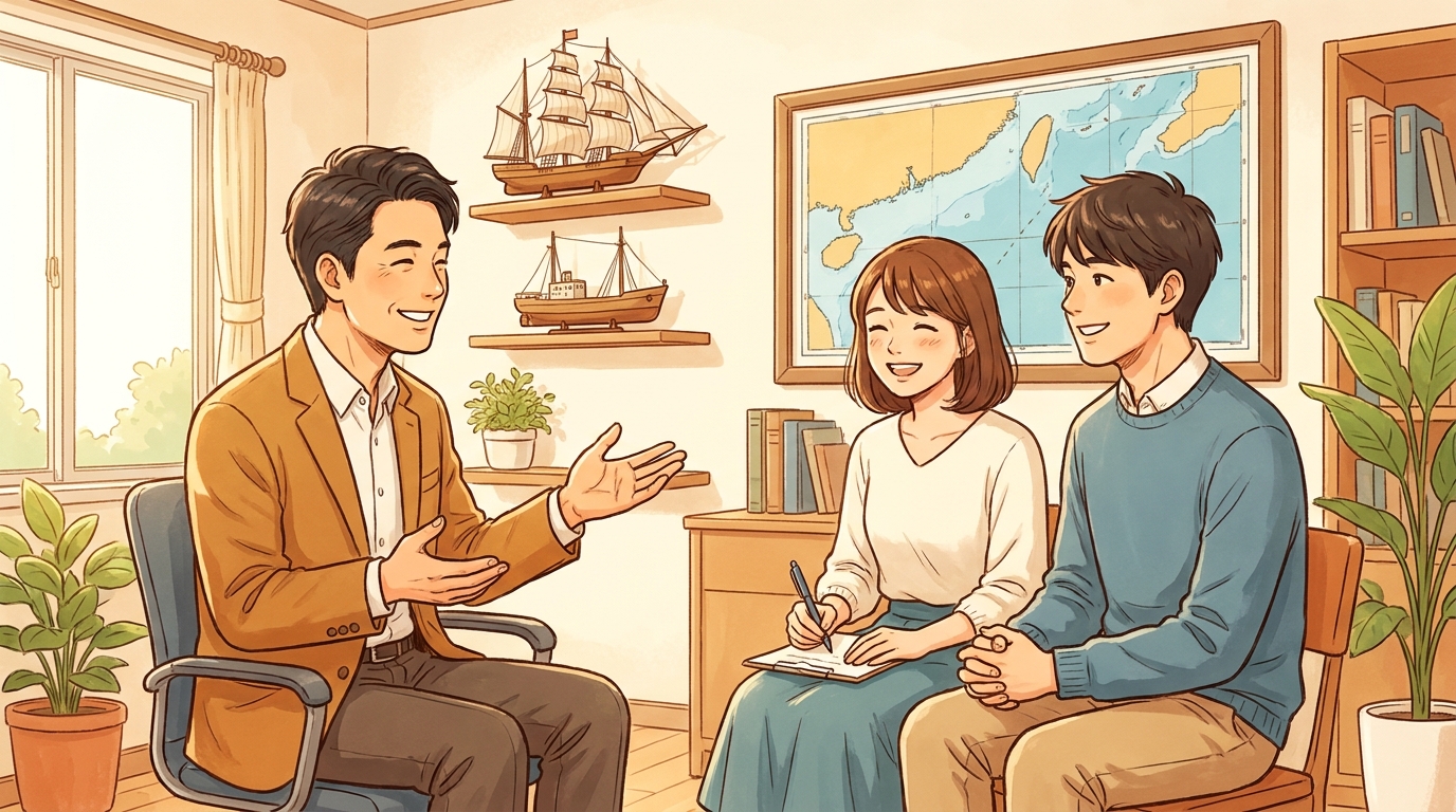 海事代理士に小型船舶の手続きについて相談し、安心している夫婦のイラスト。