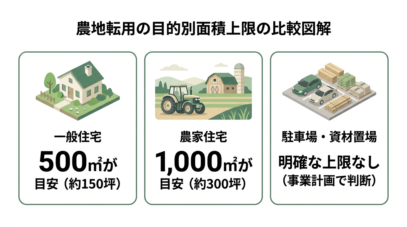 農地転用の目的別上限面積の目安を図解したもの。一般住宅は500㎡、農家住宅は1000㎡、駐車場・資材置場は事業計画で判断されることが示されている。