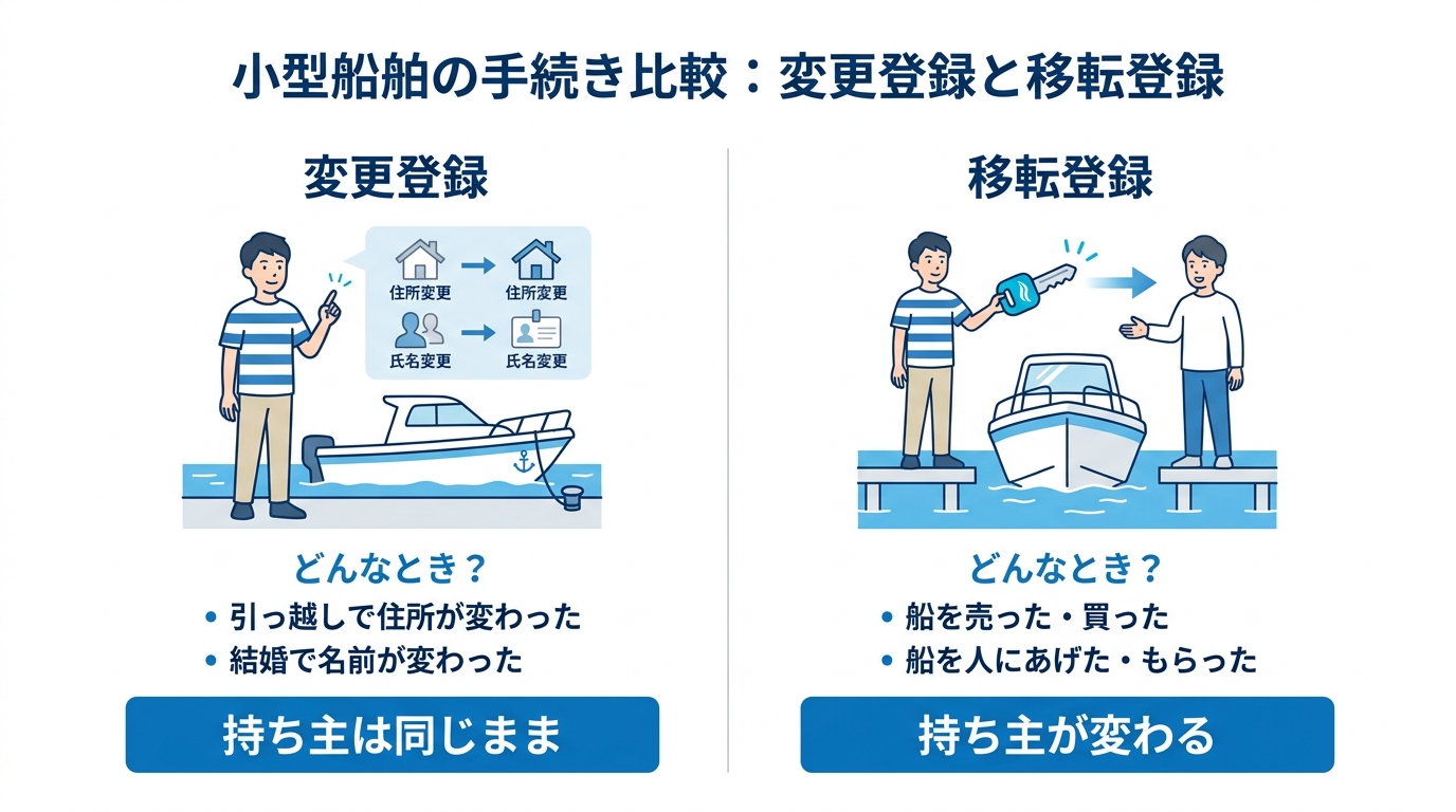 小型船舶の「変更登録」と「移転登録」の違いを比較する図解。変更登録は持ち主が同じで住所などが変わる場合、移転登録は持ち主そのものが変わる場合を示している。