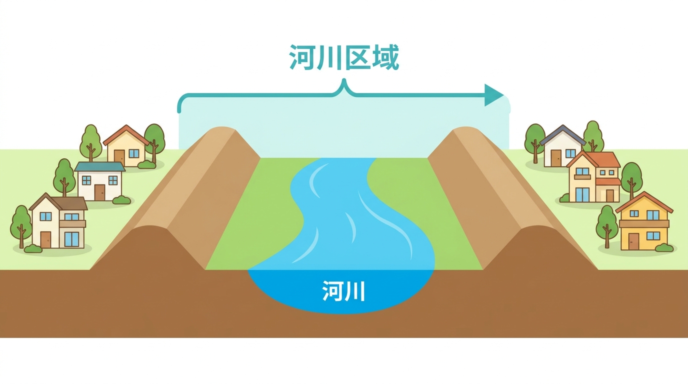 河川区域の範囲を説明する図解。川、河川敷、堤防を含んだエリアが「河川区域」であることを示している。