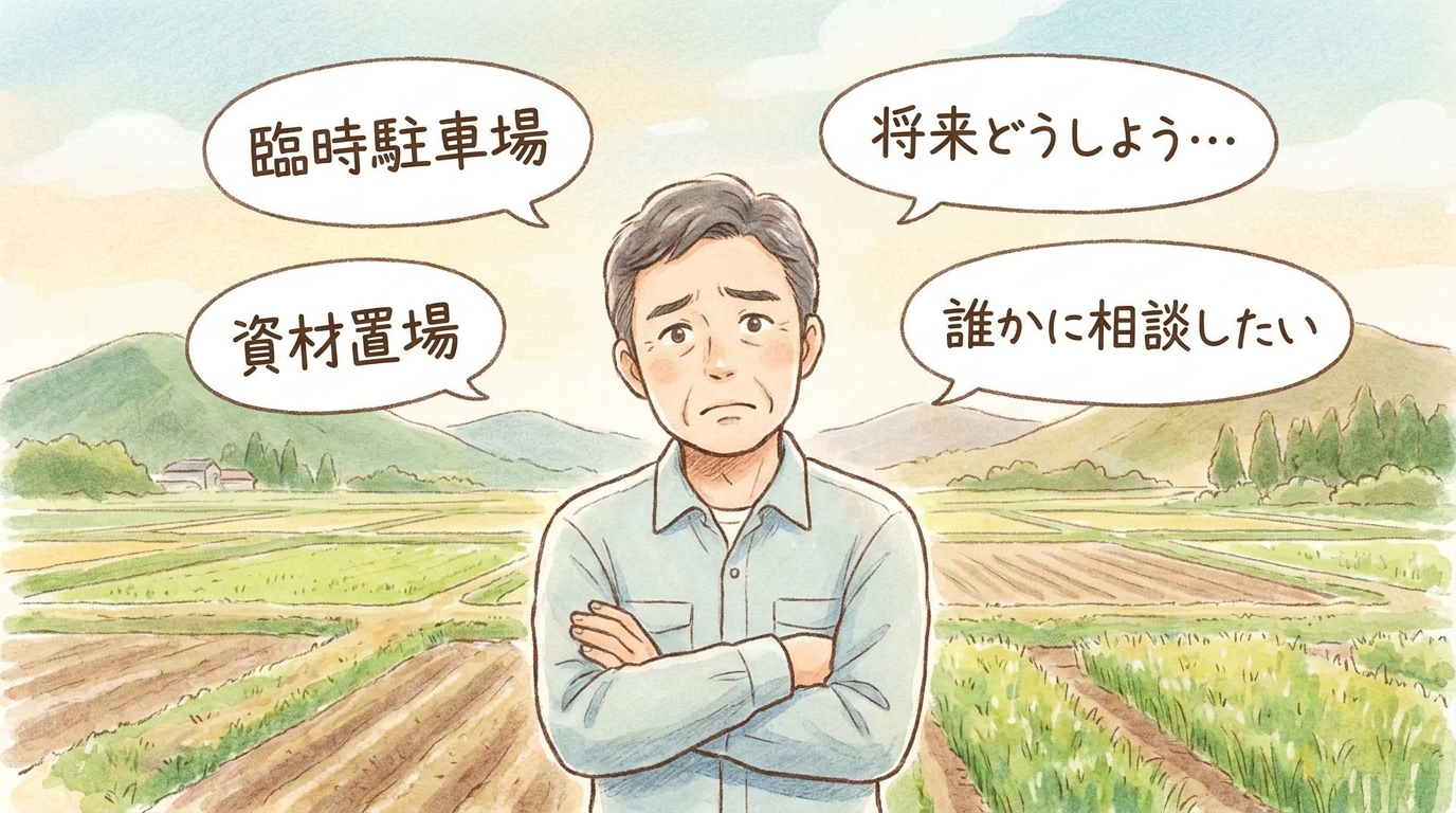 農地を前にして、その一時的な活用方法について悩んでいる農地所有者のイラスト。