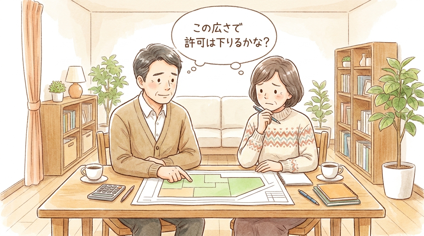 自宅のテーブルで土地の図面を見ながら、農地転用の面積について相談している夫婦のイラスト。