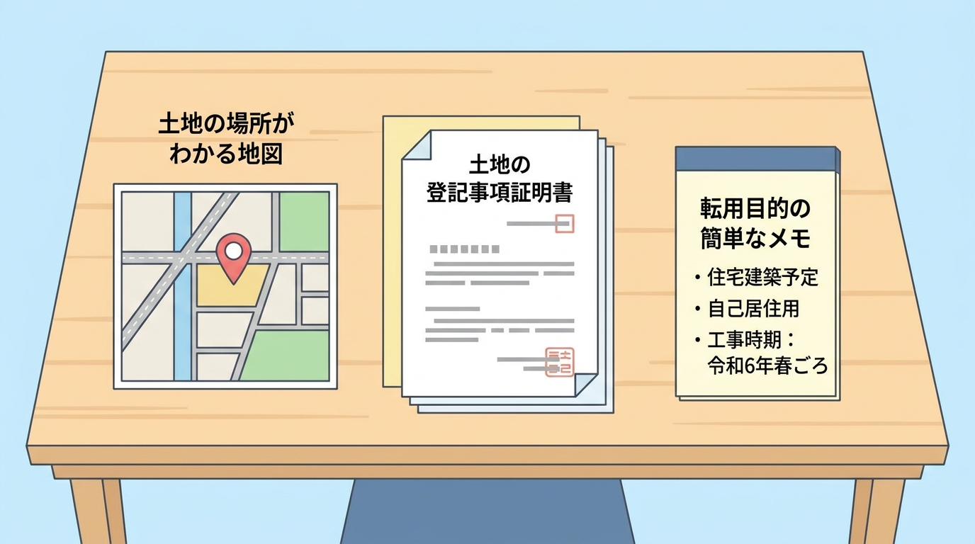農地転用の事前相談で準備すべき3つのもの(地図、登記事項証明書、計画メモ)が机の上に並べられているイラスト。