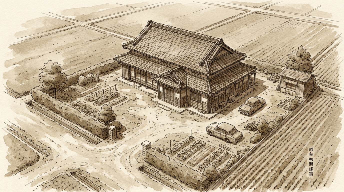 市街化調整区域に建つ一戸建てのイラスト。建物の建築時期が開発行為許可の要否を判断するポイントであることを示唆している。