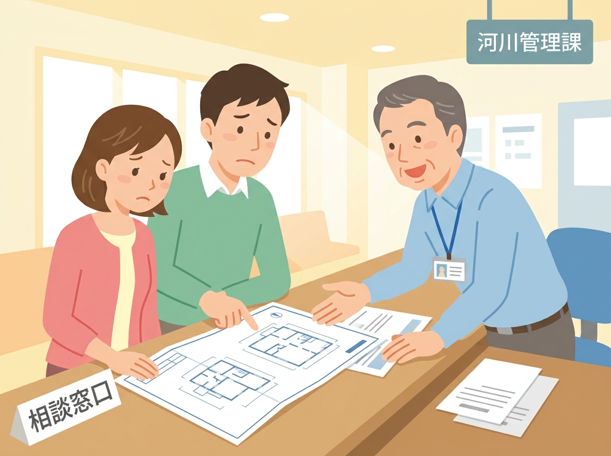 市役所の窓口で、担当者に河川法に関する事前協議を行っている夫婦のイラスト。