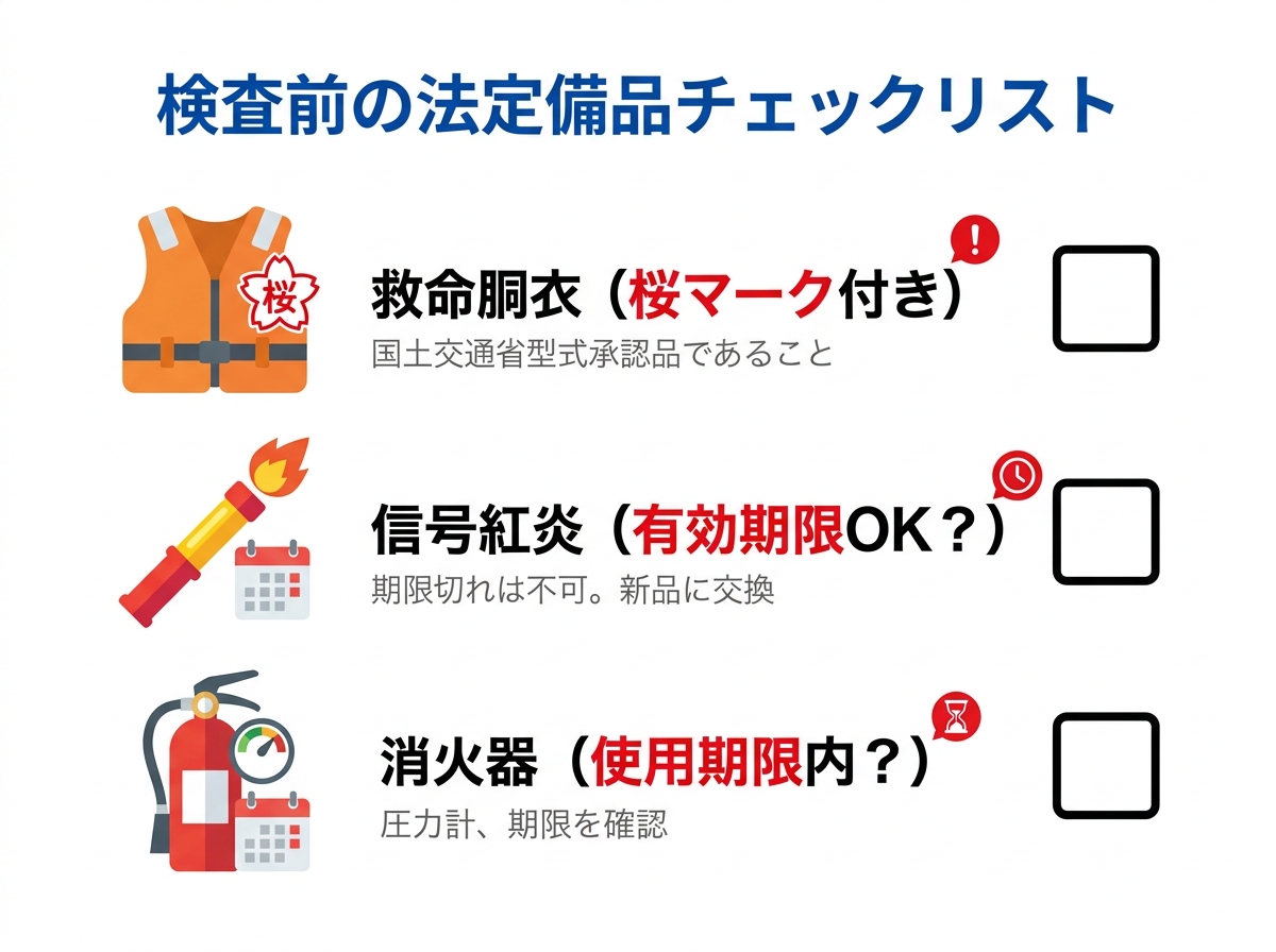 小型船舶の中間検査で確認すべき法定備品（救命胴衣、信号紅炎、消火器）のチェックリストを図解したもの。