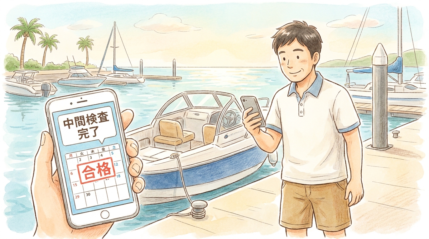 中間検査のスケジュールを確認し、安心している小型船舶のオーナー。