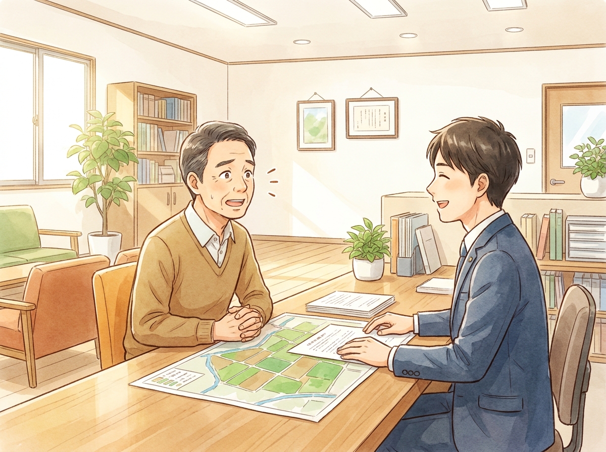 農地の一時転用について、行政書士に相談して安心している様子の男性のイラスト。