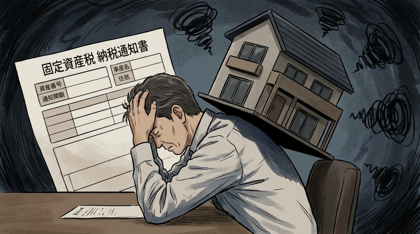 分家住宅の固定資産税に悩む男性のイラスト