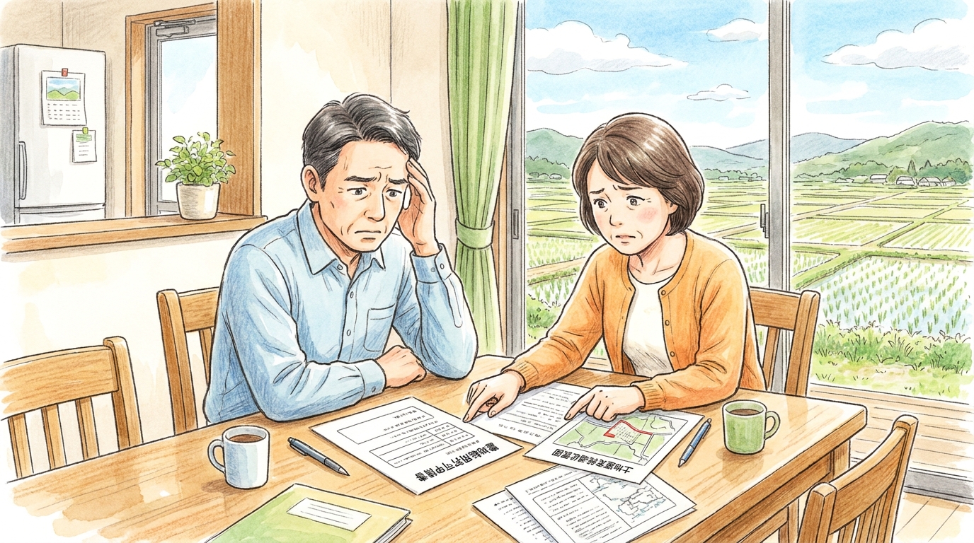 農地転用許可申請に必要な土地選定経過位置図の作成に悩む夫婦のイラスト。