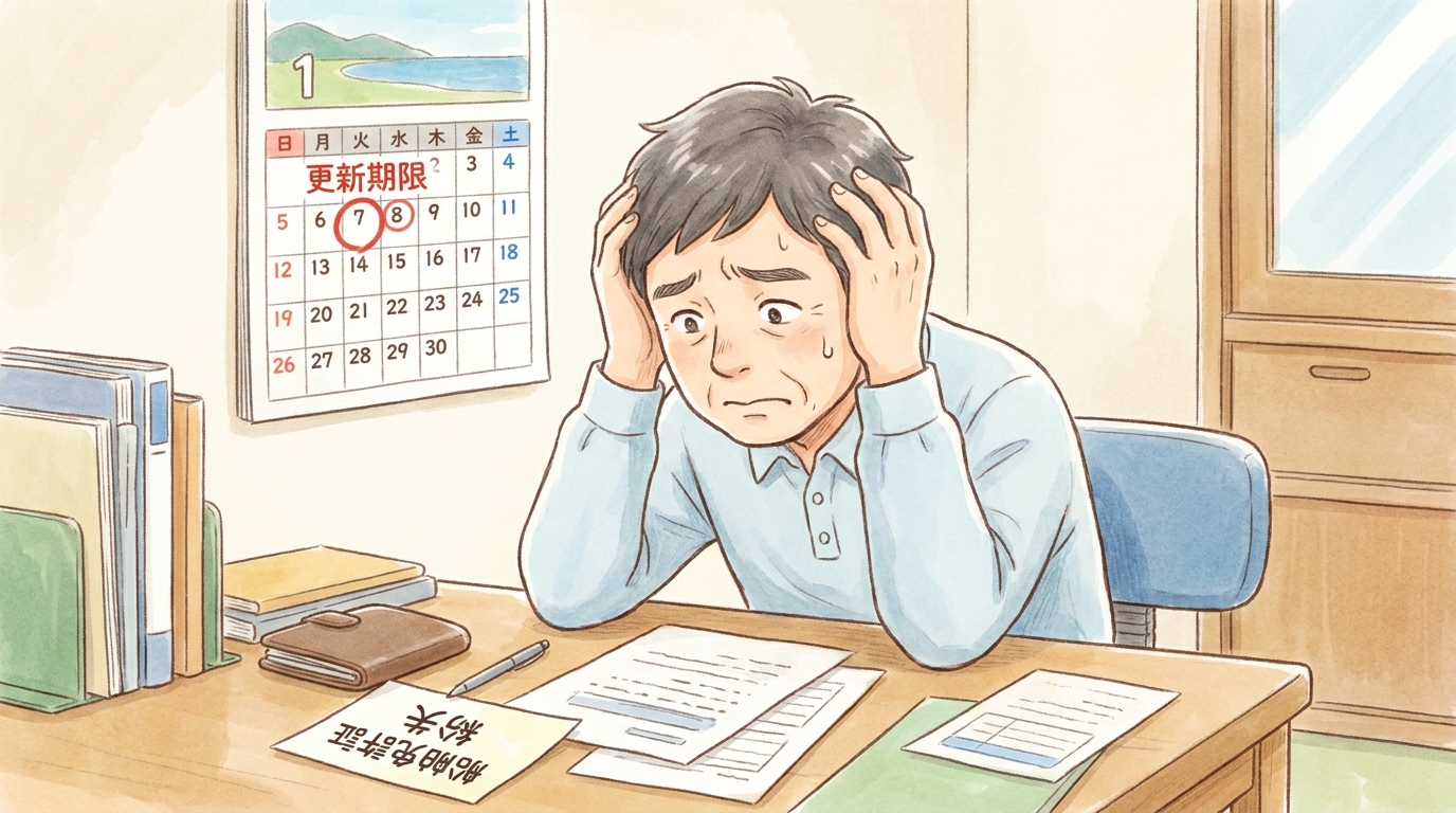船舶免許証を紛失し、更新手続きを前に頭を抱えて悩んでいる男性のイラスト。