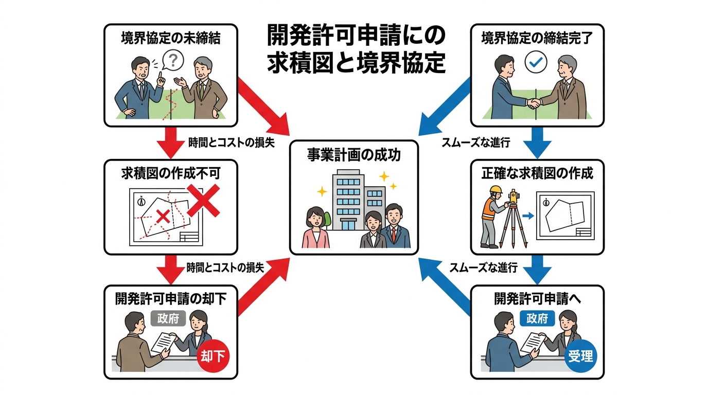 求積図と境界協定の関係性を示す図解。境界協定がなければ開発許可申請ができない流れと、境界協定を締結することで申請に進める流れを対比している。