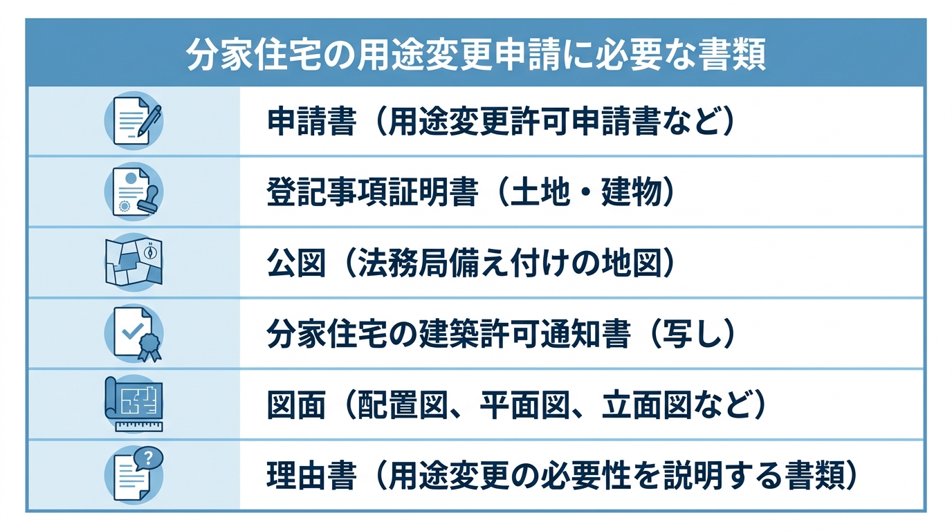 分家住宅の用途変更許可申請に必要な書類の一覧を図解したインフォグラフィック