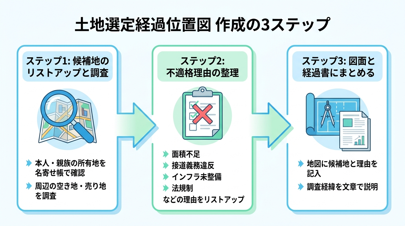 土地選定経過位置図の作成手順を3つのステップで解説した図解。ステップ1は調査、ステップ2は理由整理、ステップ3は図面作成。