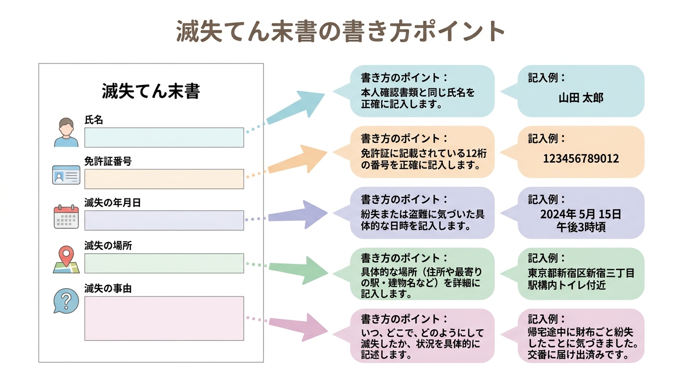 滅失てん末書の書き方を項目ごとに解説した図解。記入例も示されている。