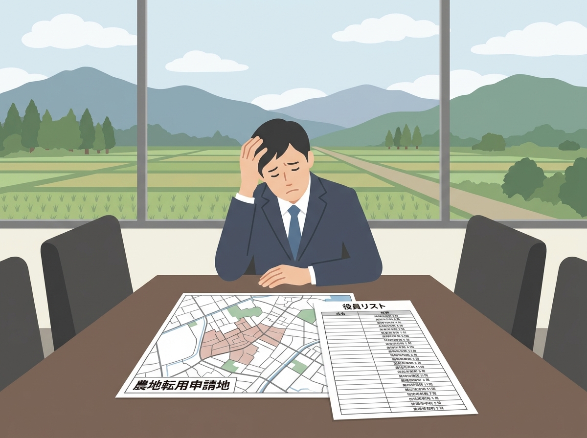 法人での農地転用申請に悩む経営者のイラスト。役員の居住地や会社規模といった要件の複雑さに頭を抱えている様子。