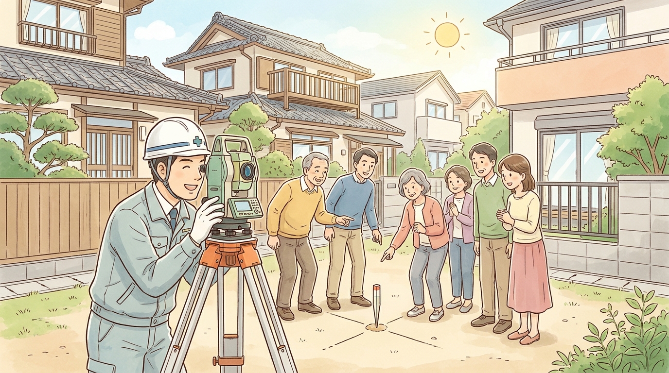 境界立会いの様子を描いたイラスト。測量士と隣地所有者たちが、和やかな雰囲気で土地の境界を確認している。
