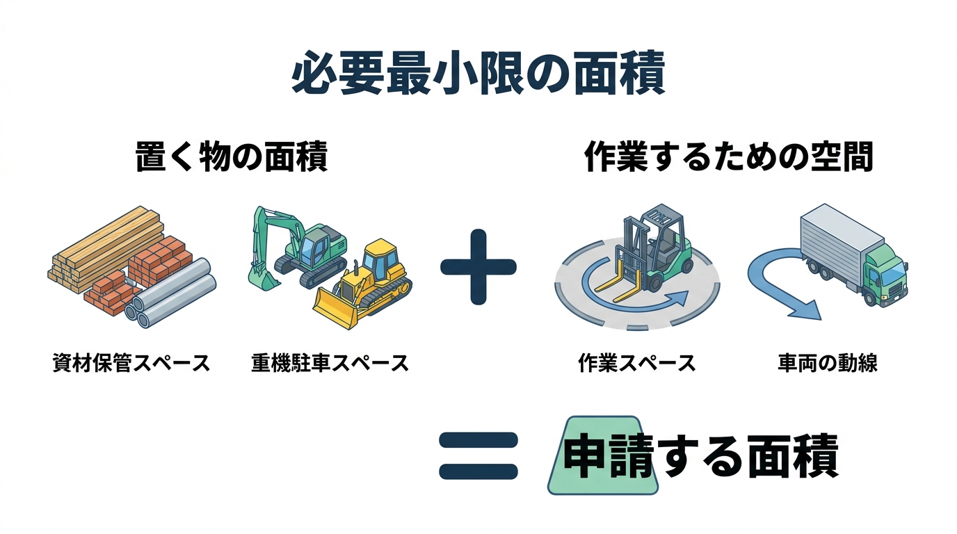 資材置場の農地転用で必要な最小限の面積の考え方。「置く物の面積」と「作業空間」を足し合わせるという計算式を図解したインフォグラフィック。