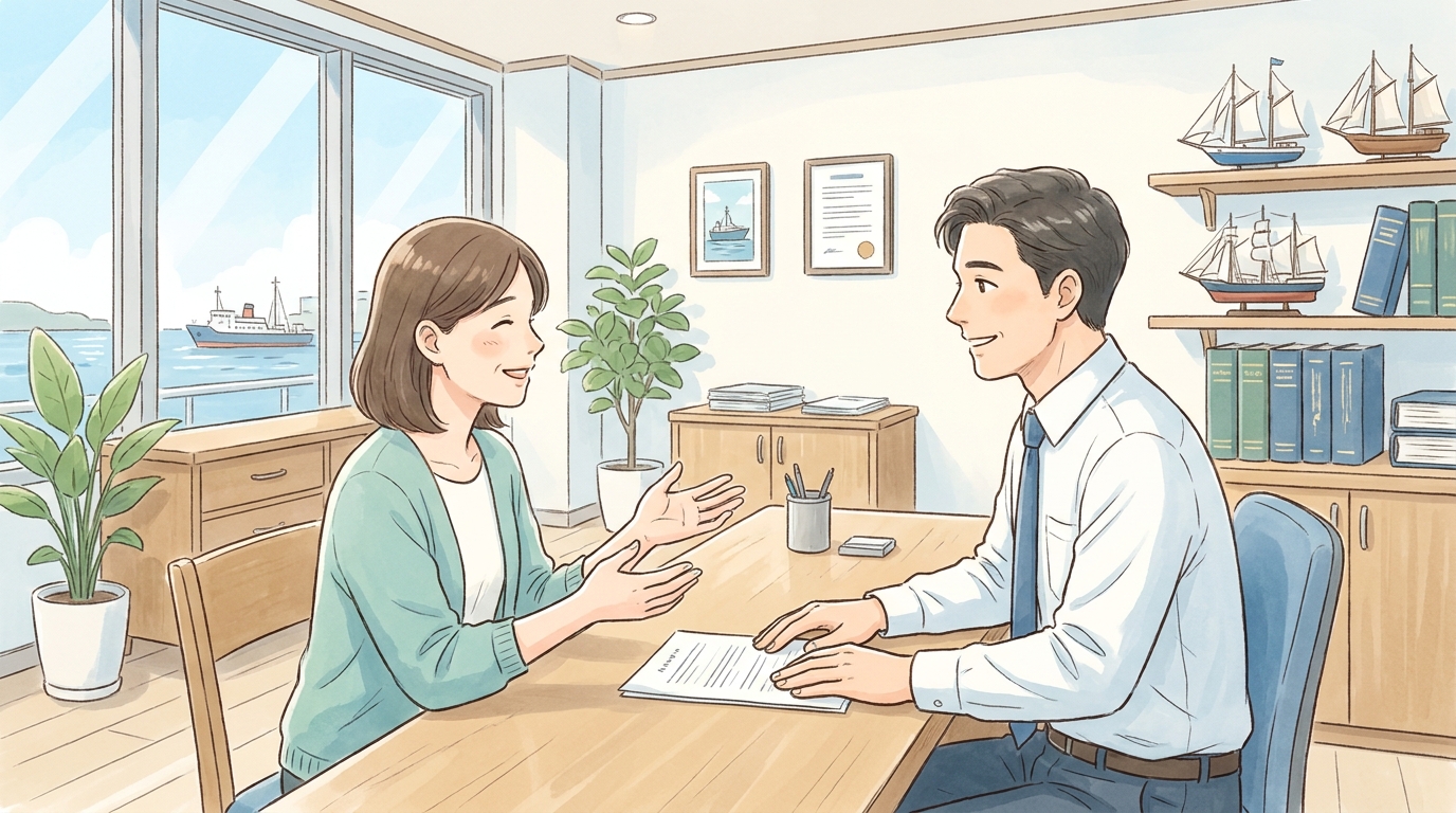 手続きの不安が解消され、専門家と笑顔で話している相談者のイラスト。