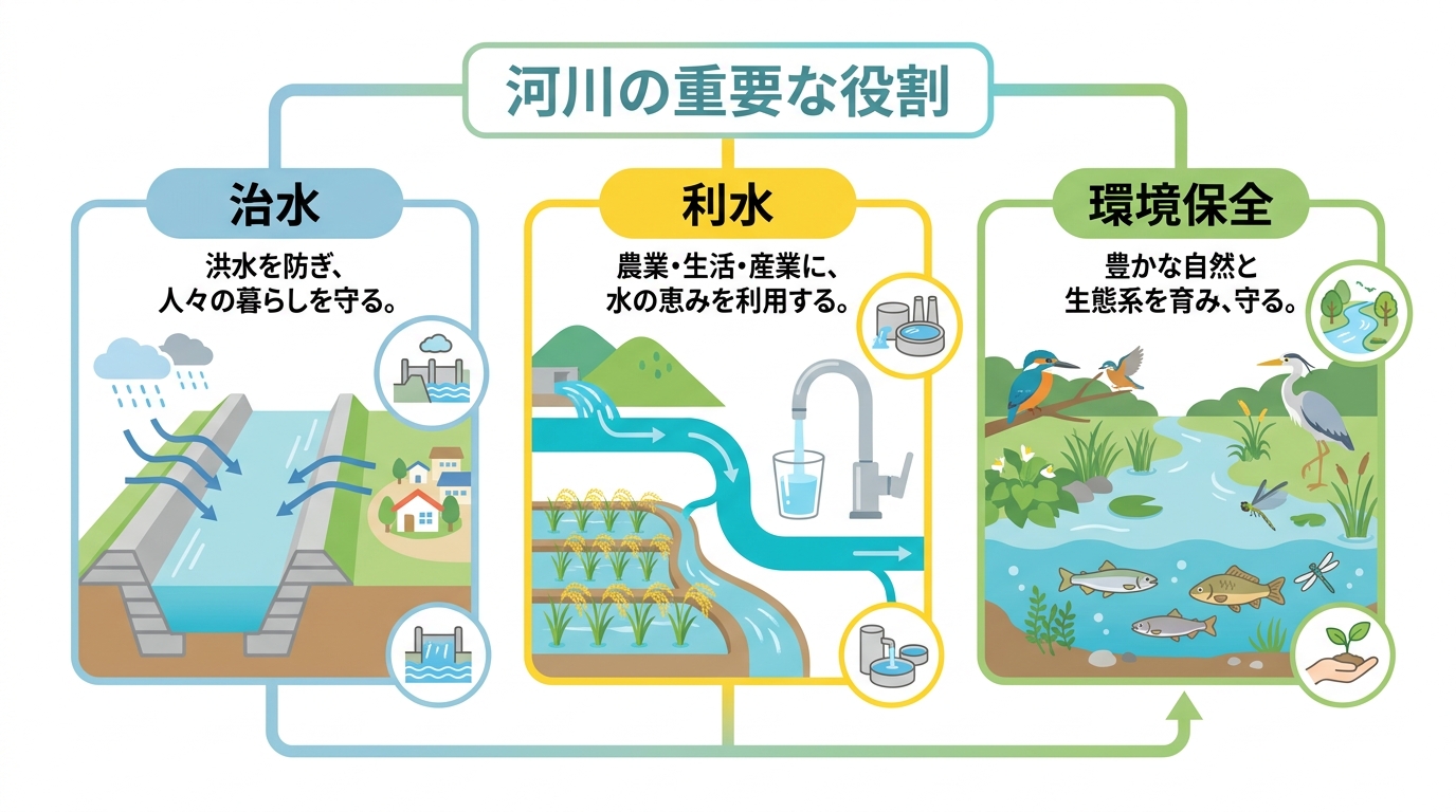 河川が持つ「治水」「利水」「環境保全」という3つの大切な役割を示したイラスト図解。