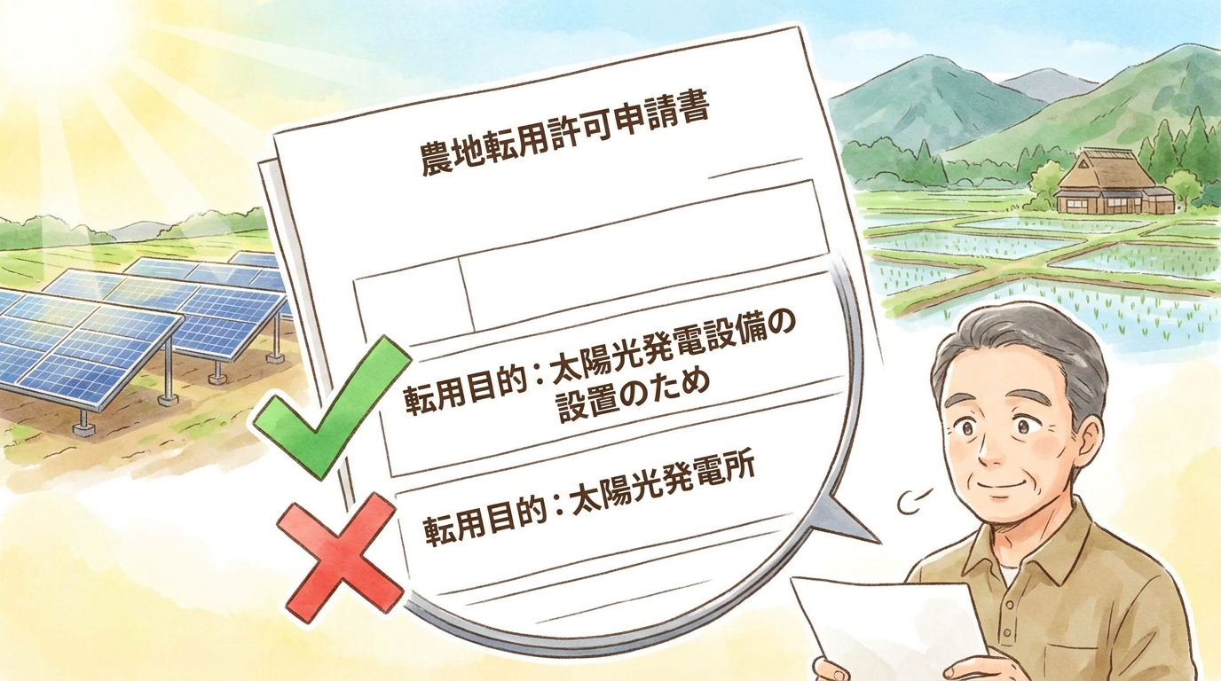 農地転用許可申請書の転用目的欄の書き方を説明するイラスト。良い例と悪い例が示されている。