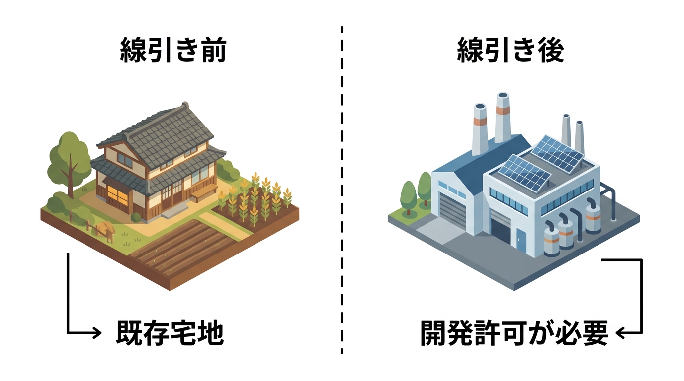 市街化調整区域の線引きを解説する図解。線引き前からの建物と、線引き後に許可を得て建てられた建物の違いを示している。