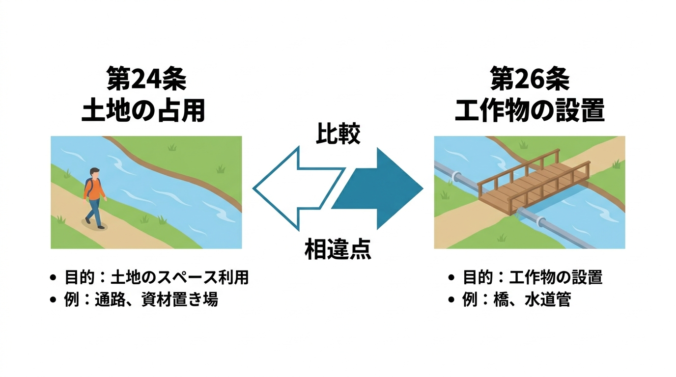 河川法第24条(土地の占用)と第26条(工作物の設置)の違いを、イラストと具体例で分かりやすく比較した図解。