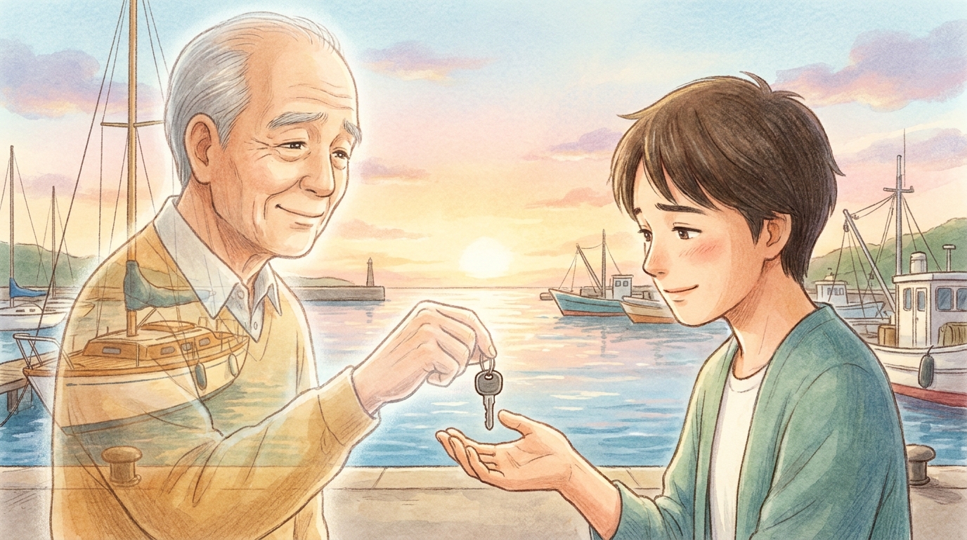 船の鍵が手渡され、小型船舶が相続される様子を描いた心温まるイラスト。