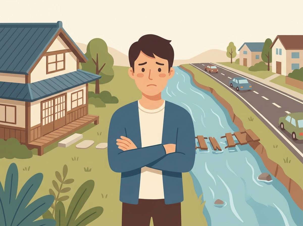 自宅への進入路がなく、川を前にしてどうすればよいか悩んでいる男性のイラスト。