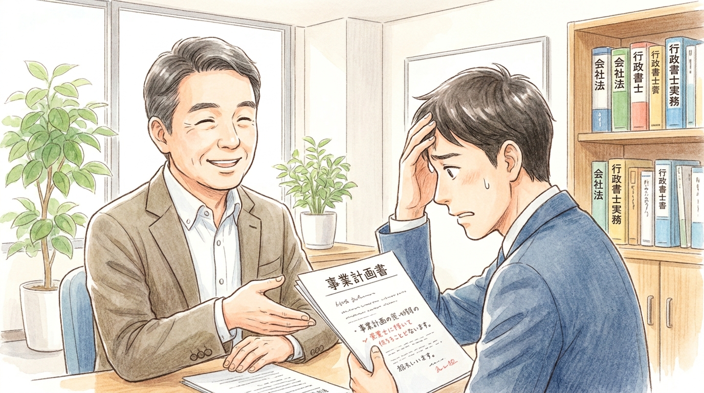 行政書士が市街化調整区域の物件購入について相談に乗っているイラスト。事業者が安心して相談している様子。