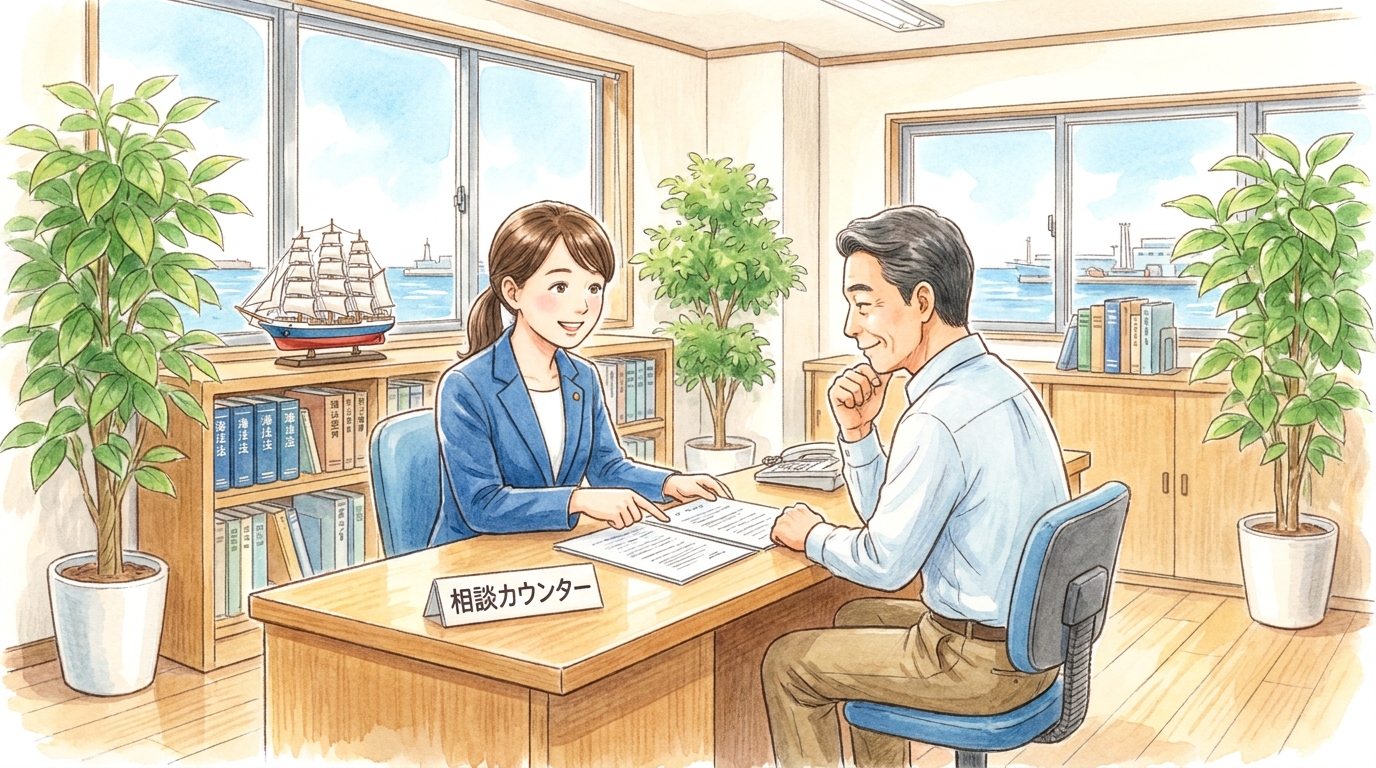 海事代理士に小型船舶検査証書の再交付について相談し、安心している船の所有者。