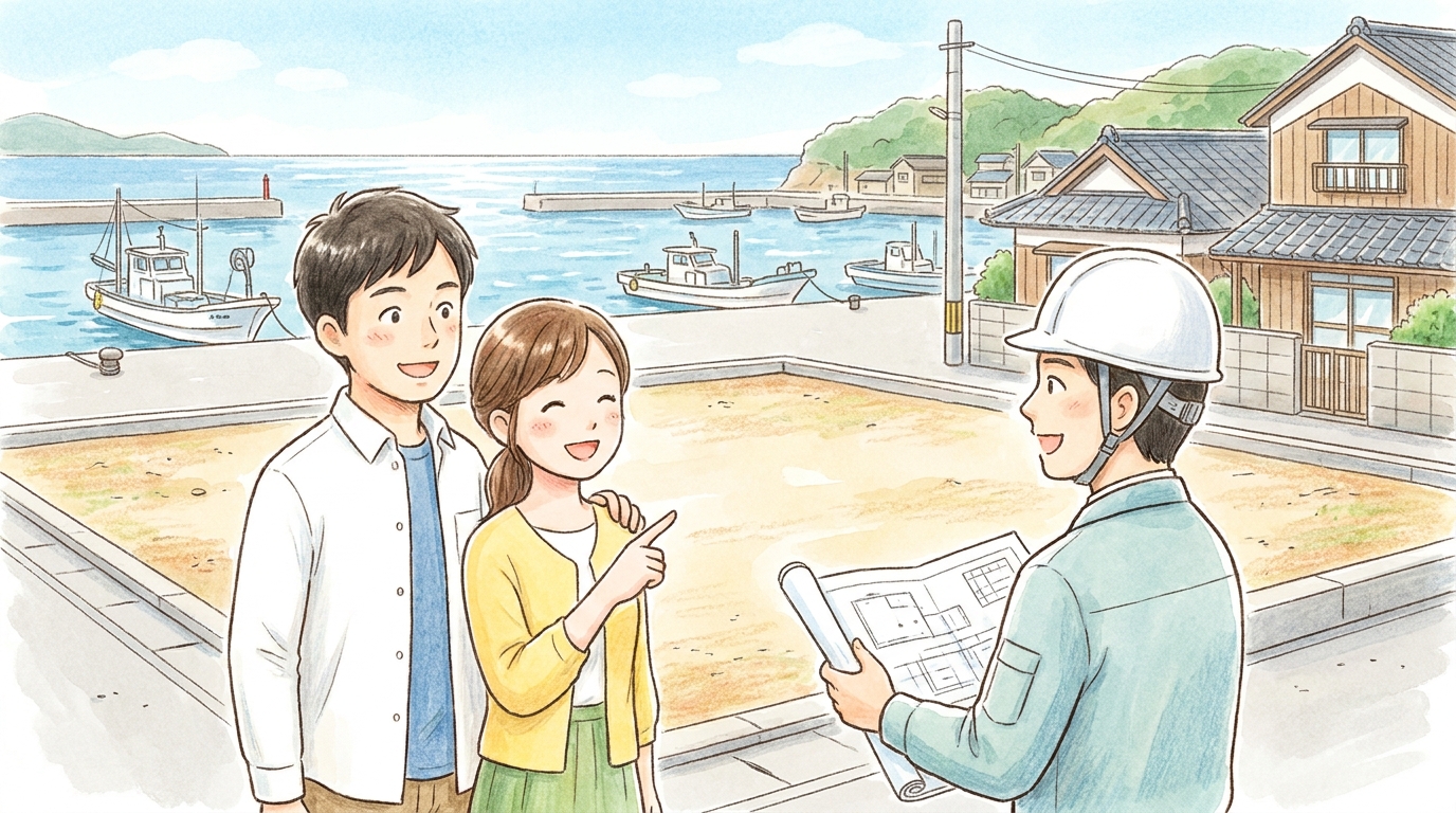 漁港の見える土地で、若い漁師の夫婦が工務店の担当者と新しい家の計画について笑顔で話し合っているイラスト。