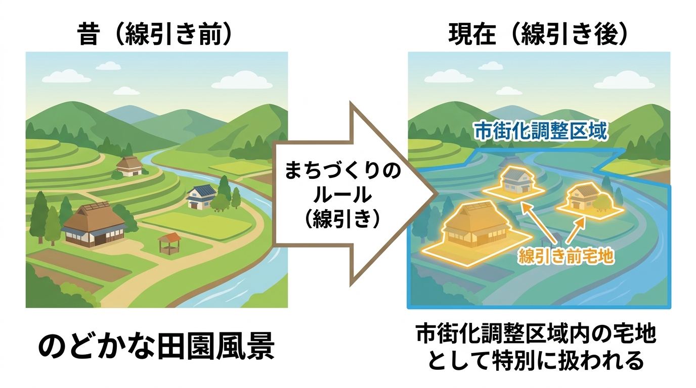 線引き前宅地の概念図。まちづくりのルールである「線引き」が行われる前から建っていた宅地が、市街化調整区域内で特別な扱いを受けることを示しているイラスト。
