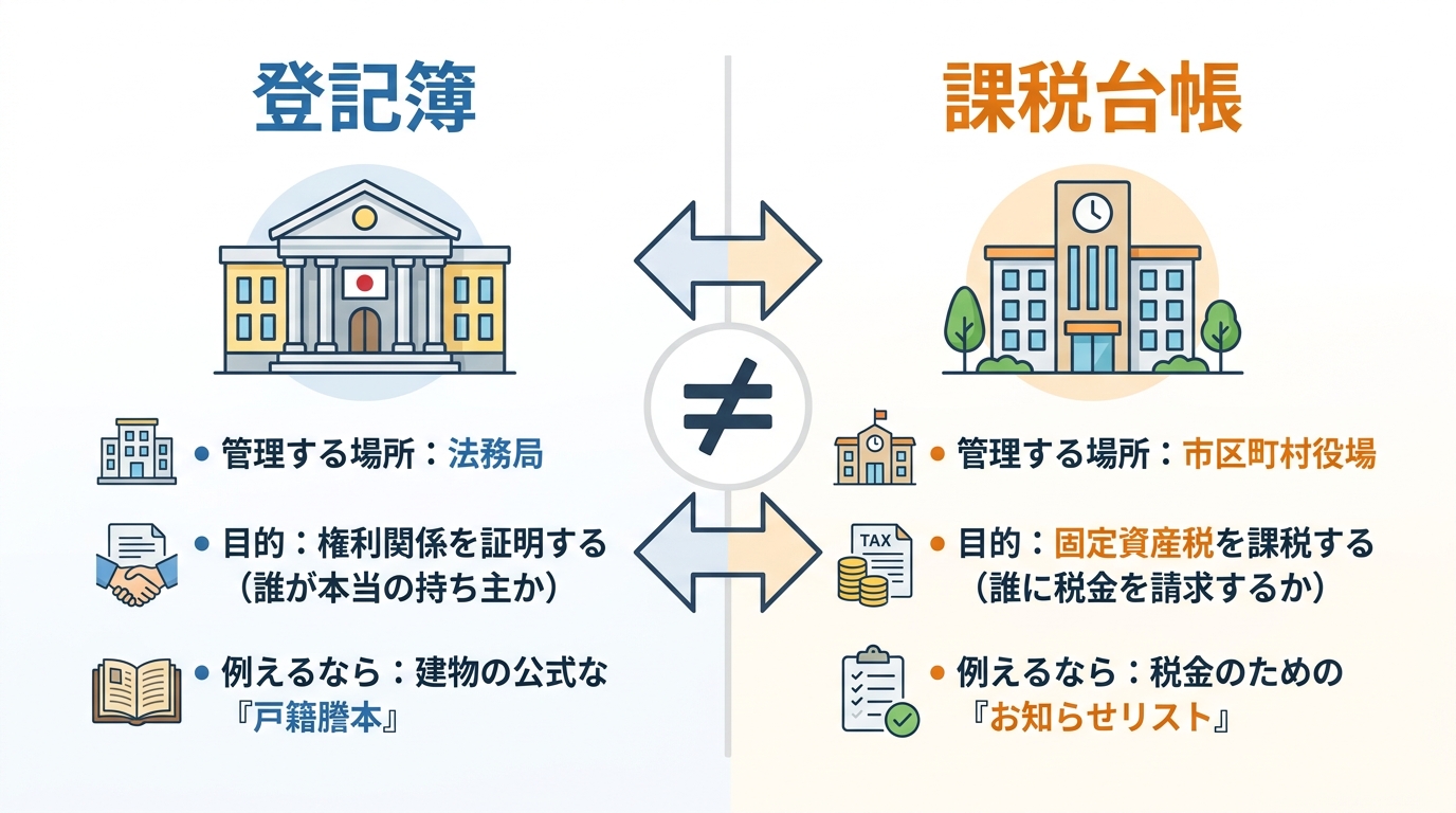 法務局が管理する「登記簿」と市区町村が管理する「課税台帳」の目的の違いを比較した図解。登記簿は権利証明、課税台帳は税金徴収が目的であることを示しています。