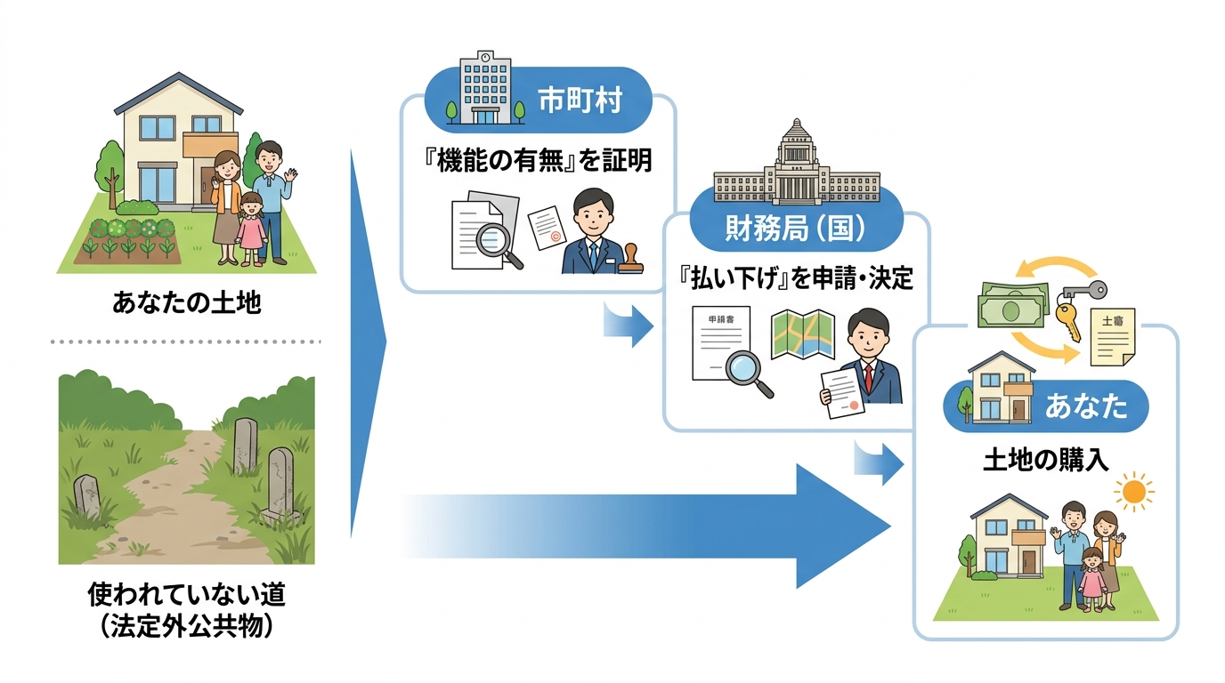 法定外公共物の国有地払い下げの流れを図解したインフォグラフィック。市町村が機能の有無を証明し、それを受けて国（財務局）に払い下げを申請し、土地を購入するという3ステップが示されている。