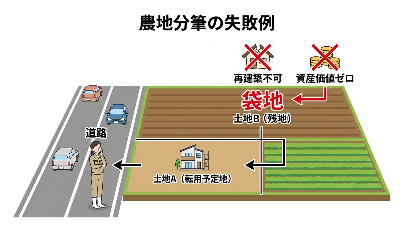 農地を道路に対して垂直に分筆した結果、奥の残地が道路に接しない「袋地」になってしまう危険性を示した図解。