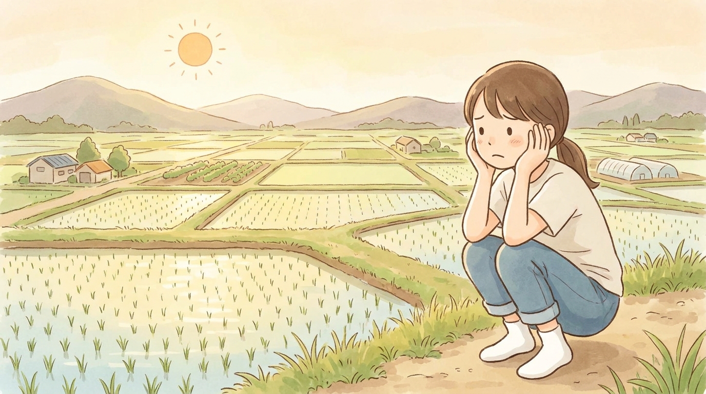 相続した農地を前に、どうすれば良いか悩んでいる女性のイラスト